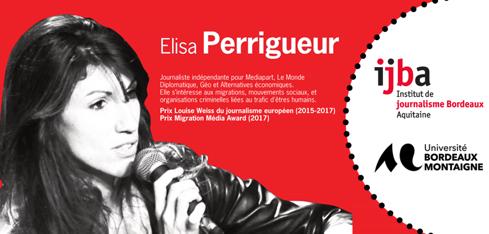 Elisa Perrigueur, logos de l'IJBA et de l'Université Bordeaux Montaigne.