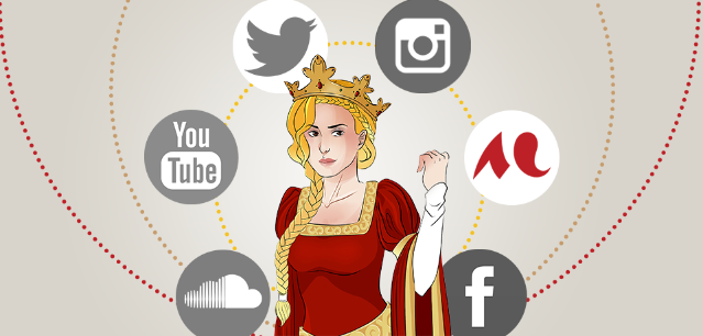  Illustration d'Aliénor d'Aquitaine au centre de logos de réseaux sociaux.