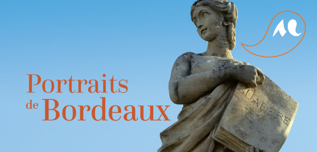 Couverture du livre Portraits de Bordeaux représentant la statut d'une femme tenant un livre.