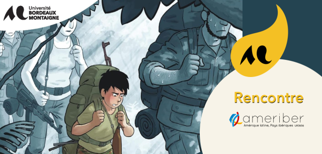 dessin d'un enfant dans la jungle, portant un sac &agrave; dos et un fusil