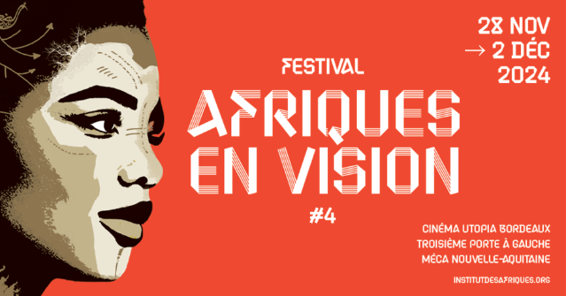 Affiche d'Afriques en vision représentant le visage d'une femme regardant vers la droite et contenant l'information sur le festival