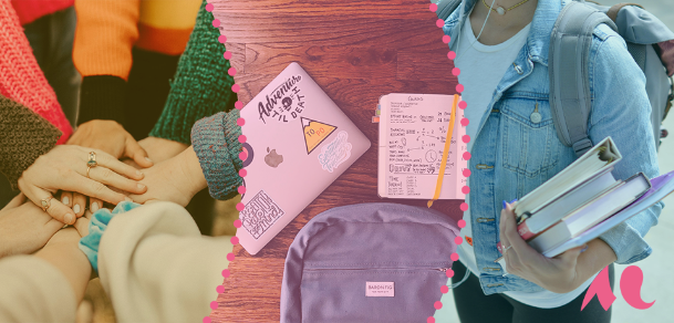 mains entrelac&eacute;es, bureau avec ordinateur et carnet, &eacute;tudiante avec livres et sac &agrave; dos