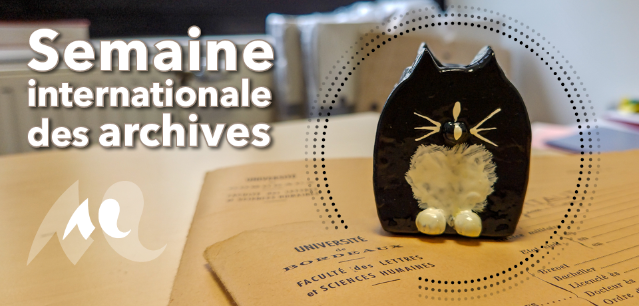 Semaine internationale des archives - Watson (chat en argile peint) sur une dossier de l'ancienne Facult&eacute; des Lettres et Sciences humaines - Universit&eacute; de Bordeaux