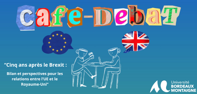 Le titre avec un dessin de deux personnes qui prennent un café et qui discutent ensemble, d'un côté avec le drapeau du Royaume-Uni et de l'autre celui de l'Union Européenne. 
