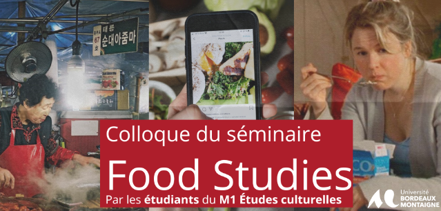 Titre du colloque avec trois photos relatives à l'alimentation, une photo d'une dame asiatique qui cuisine, une photo d'un téléphone avec des aliments et une photo d'une femme blanche qui mange directement dans la boîte de céréales. 