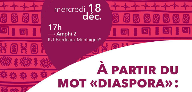 Extrait de l'affiche de la conférence indiquant le lieu et l'heure sur des motifs africains roses