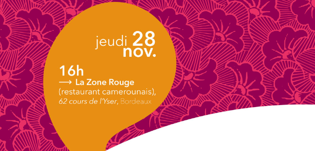 Extrait de l'affiche annonçant la conférence, mentionnant le lieu, l'heure et avec un fond aux motifs fleuris roses inspirés des wax africains