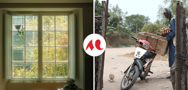 2 photos des film, &agrave; gauche une vue sur une fenetre, &agrave; droite un homme &agrave; c&ocirc;t&eacute; d'une moto en Afrique.