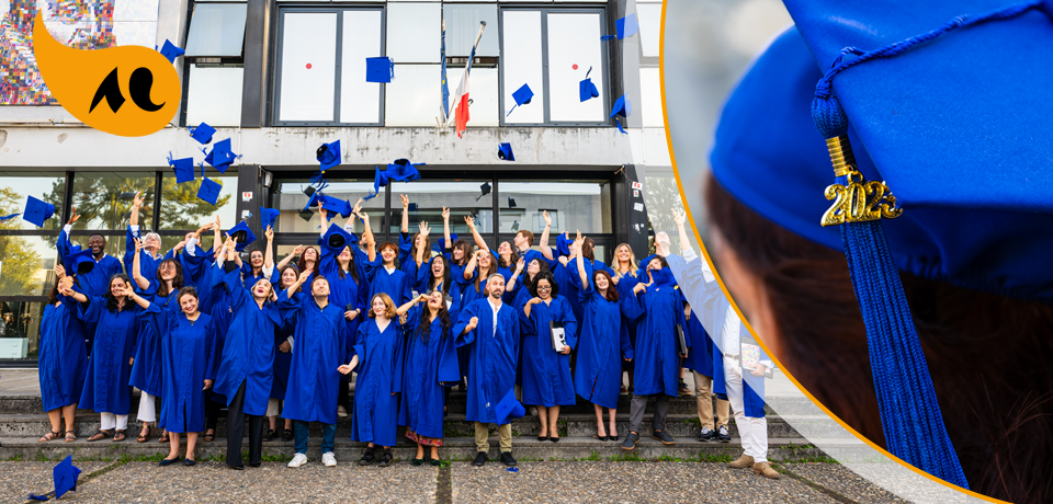 Les docteur·es célébrant leur diplôme en jetant leur mortier dans les airs.