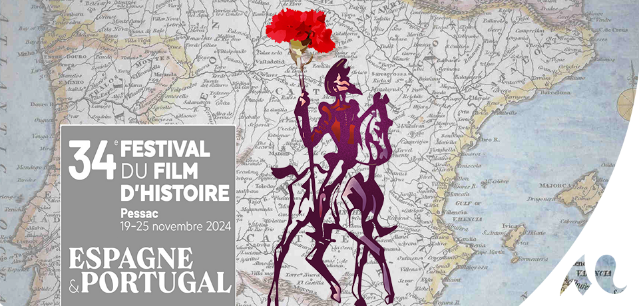 Fond de carte de la péninsule ibérique, Don Quichotte tenant un oeillet rouge sur son cheval Rocinante 