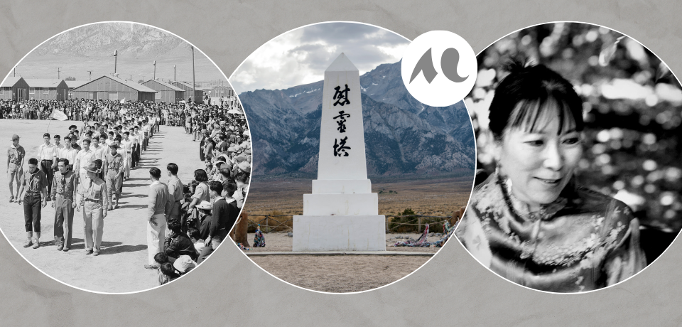 De droite à gauche : Manzanar Relocation Center, Manzanar, California. Memorial Day services at Manzanar, a War Relocation Center / Memorial for the people of Manzanar / Amy Uyematsu in 2006