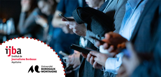 Personnes sur leurs smartphones, logos de l'Université Bordeaux Montaigne et de l'IJBA