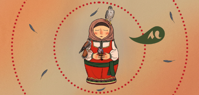 Illustration d'une femme avec trois faucons posés sur elle