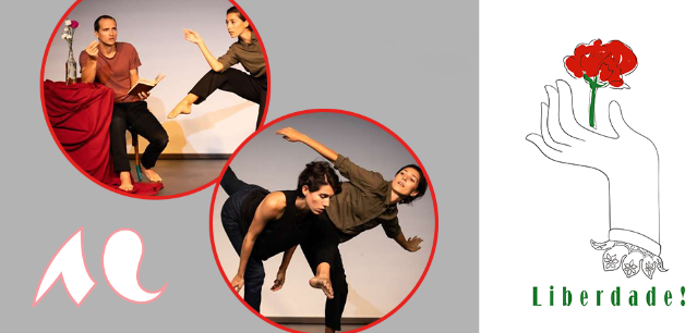 Cercle à gauche, un danseur et une danseuse, cercle de droite, deux danseuse. A droite, une affiche avec l'illustration d'une main qui soutient un oeillet Photo ©Enki Djipal