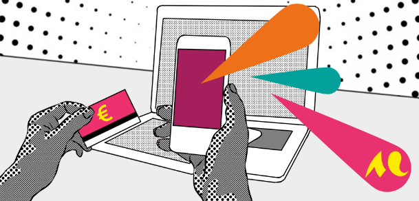 Illustration représentant une personne avec une carte de crédit, un téléphone portable, une tablette et un ordinateur.
