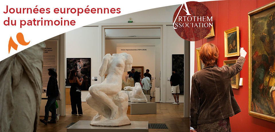 2 photos du musée des beaux arts : sculpture et personne présentant une oeuvre