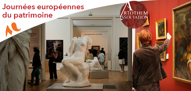 2 photos du musée des beaux arts : sculpture et personne présentant une oeuvre
