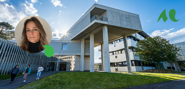portrait de Stéphanie Roussel et photo de la façade du bâtiment de la CLEFF du campus Montaigne