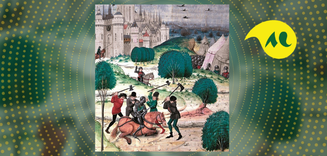 Illustration m&eacute;di&eacute;vale montrant plusieurs paysans arm&eacute;s de haches, de b&acirc;tons et d&rsquo;outils attaquant un chevalier en armure tomb&eacute; de son cheval.