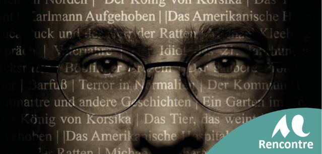 Yeux de l'écrivain Michael Kleeberg avec des mots en allemand en surimpression.