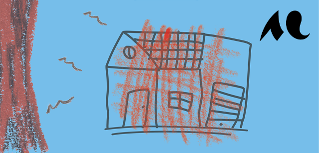 dessin d'une maison barr&eacute;e en rouge
