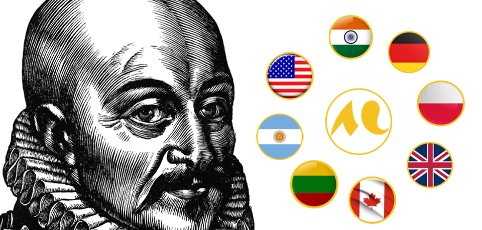 portrait de montaigne et 8 drapeaux en cercle autour du m de montaigne