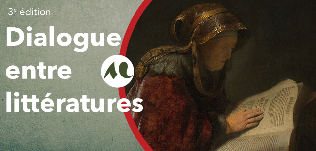 nom du colloque à gauche, tableau avec une femme qui tient un livre à droite