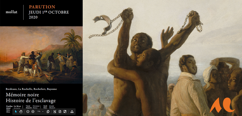 Couverture du livre mémoire noire  : histoire de l'esclavage, plus une illustration d'un homme noir rompant ses chaines.
