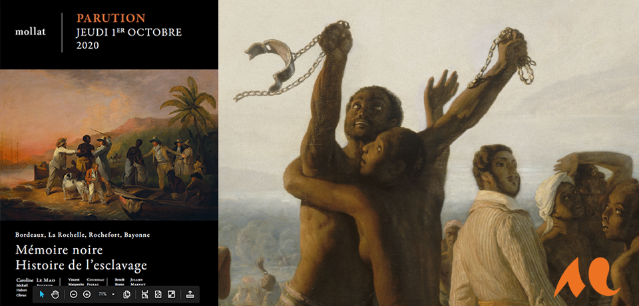 Couverture du livre mémoire noire  : histoire de l'esclavage, plus une illustration d'un homme noir rompant ses chaines.