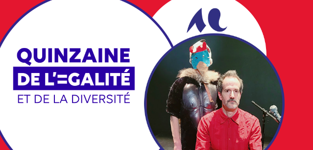 Sur fond rouge : un cercle avec le logo Quinzaine de l'égalité, un deuxième avec la photo de Bloc 45 : un homme avec un masque debout derrière un homme assis.