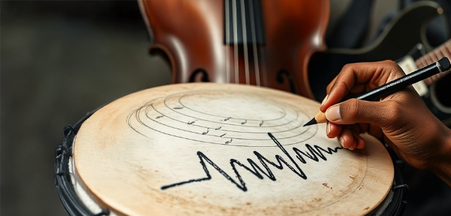 une main écrit des notes de musique sur un djembé
