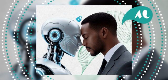 un robot et un humain se font face front contre front