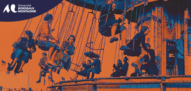 Illustration stylis&eacute;e en tons orange et bleu montrant des personnes sur un man&egrave;ge de chaises volantes