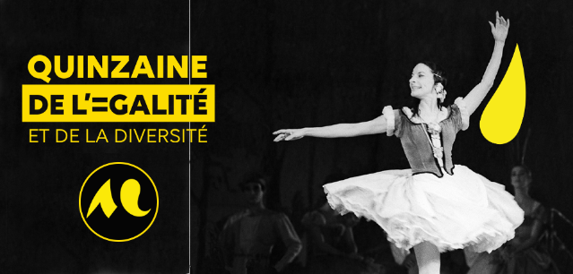 Sur fond noir, à gauche logo "Quizaine de l'égalité et le M jaune de l'Université Bordeaux Montaigne et à droite, une photo en noir et blanc de la ballerine Alicia Alonso