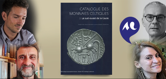 couverture du livre qui a reçu la distinction au centre et les portraits des 4 auteurs autour