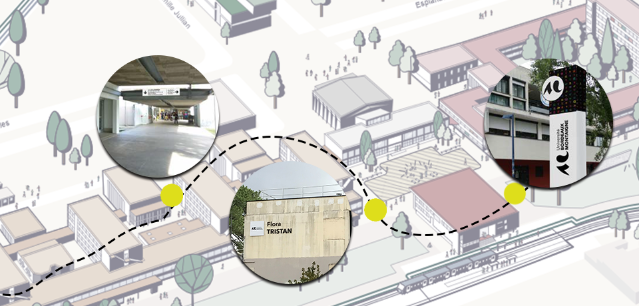 plan des bâtiments de l'université en arrière plan - 3 photos de panneaux de signalétiques dans 3 cercles en premier plan