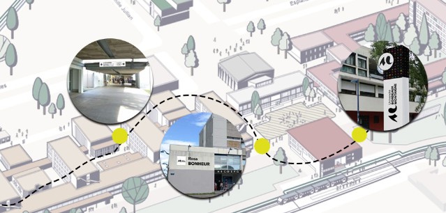 plan des bâtiments de l'université en arrière plan - 3 photos de panneaux de signalétiques dans 3 cercles en premier plan
