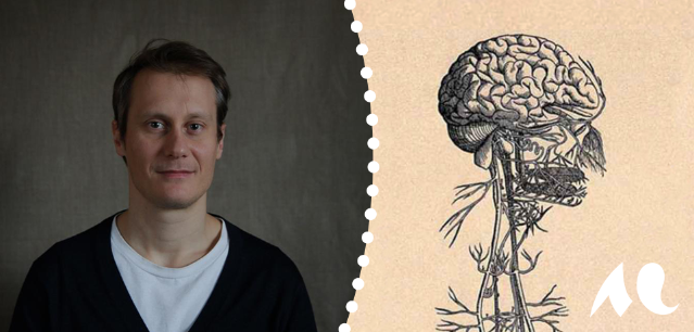 Portrait de Steeves Demazeux jouxtant une illustration d'un cerveau.