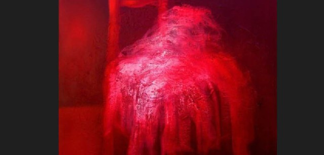 peinture, chaise recouverte d'un tissu rouge