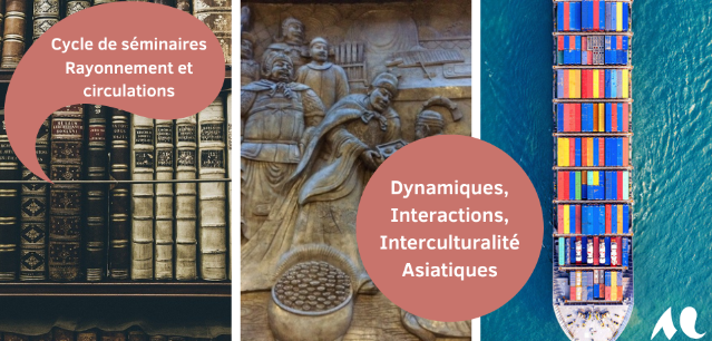 Il y a trois photos, la première des livres anciens, celle du milieu correspond à des statues asiatiques et l'image complètement à gauche est un bateau de cargaison sur l'eau. 