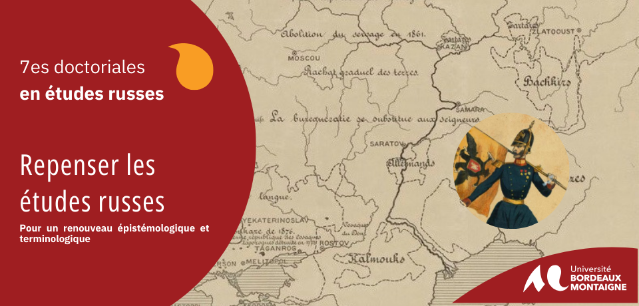 Une carte russe en arrière plan avec le titre et le thème de la conférence. On voit aussi un soldat superposé sur la carte. 