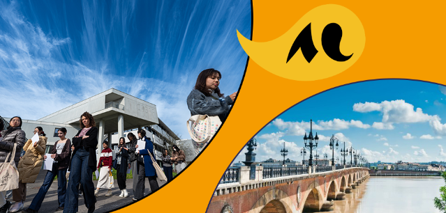 En haut &agrave; gauche : des &eacute;tudiants internationaux devant la cit&eacute; des langues &copy;Gautier Dufau. En bas &agrave; droite : vue du Pont de Pierre de Bordeaux