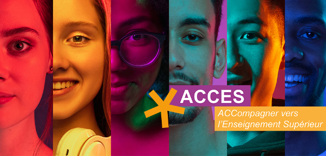 6 visages gros plan multicolores avec encadré titré ACCES Accompagnement vers l'Enseignement Supérieur