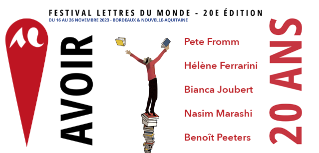 Un dessin d'un personnage sur une pile de livres avec l'annotation à la vertical "Avoir 20 ans" de part et d'autre de ce personnage