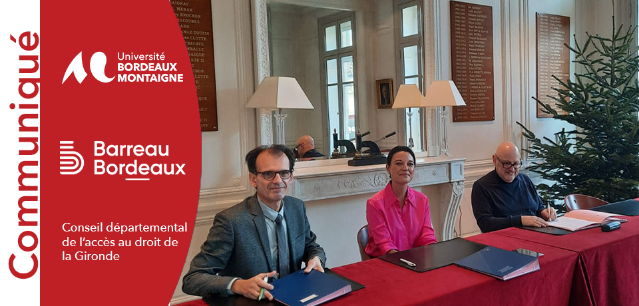 De gauche à droite : Alexandre Péraud, Caroline Laveissière et Éric Ruelle à la Maison de l’avocat de Bordeaux, salle du Conseil de l’Ordre assis devant les parapheurs, viennent de signer la convention