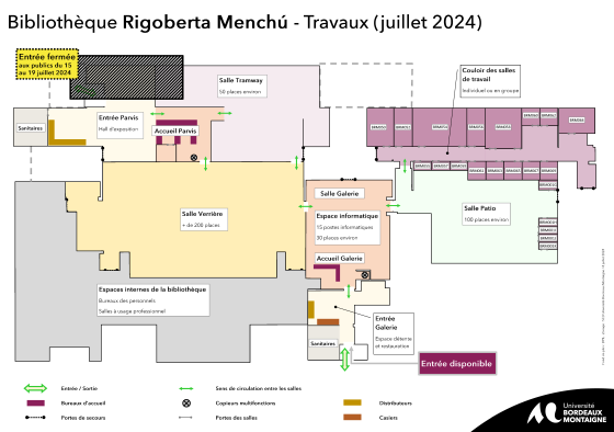 Plan de la bibliothèque Rigoberta Menchú - accès entrée Galerie, travaux de juillet 2024