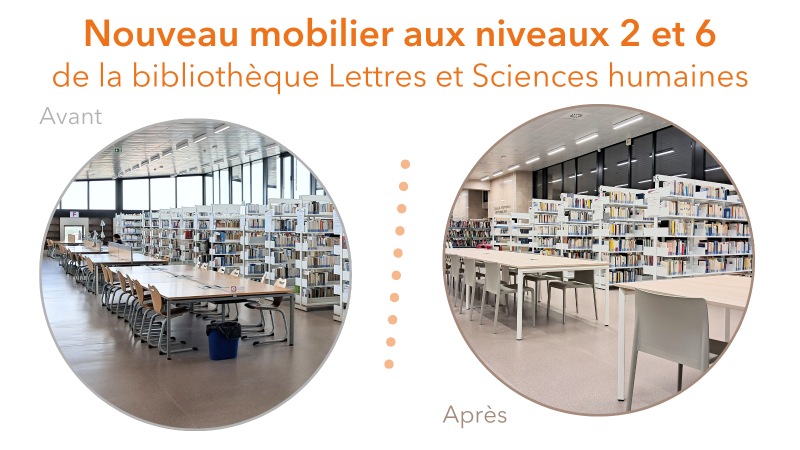 Nouveau mobilier aux niveaux 2 et 6 de la bibliothèque Lettres et Sciences humaines - avant/après