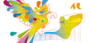 Perroquet dessiné coloré et dessin du bâtiment de la Cité des Langues Étrangères, du Français et des Francophonies