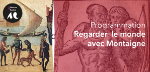 Affiche du Moi(s) Montaigne "Regarder le monde avec Montaigne" sur fond rouge avec le label "Sciences avec et pour la société"