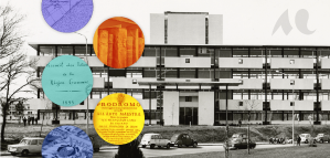 Photographie : Bibliothèque universitaire de Droit et de Lettres, fin des années 60 - Bulles colorées illustrant les documents exposés